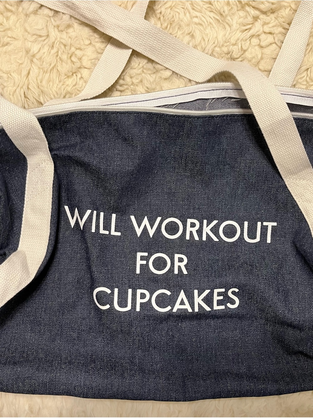 Will Workout For Cupcakes Denim Tote Bag with White Straps